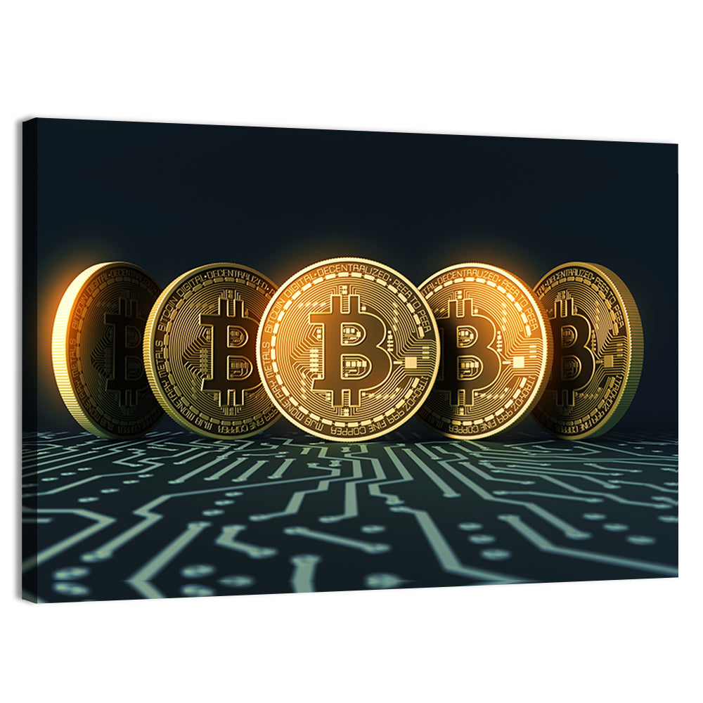 Five Golden Bitcoins on Circuit Board Wall Art
