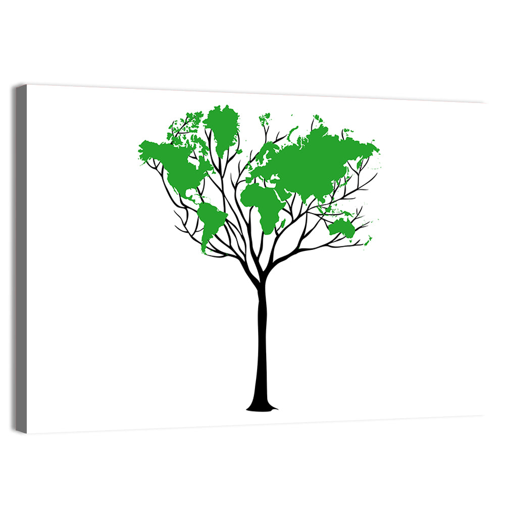 World Map Tree with Green Canopy Wall Art, canvas print, landscape