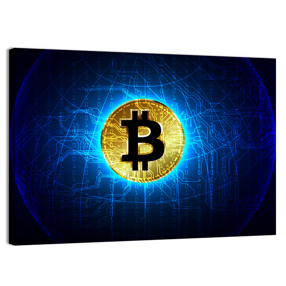Golden Bitcoin Globe Wall Art, canvas print, landscape