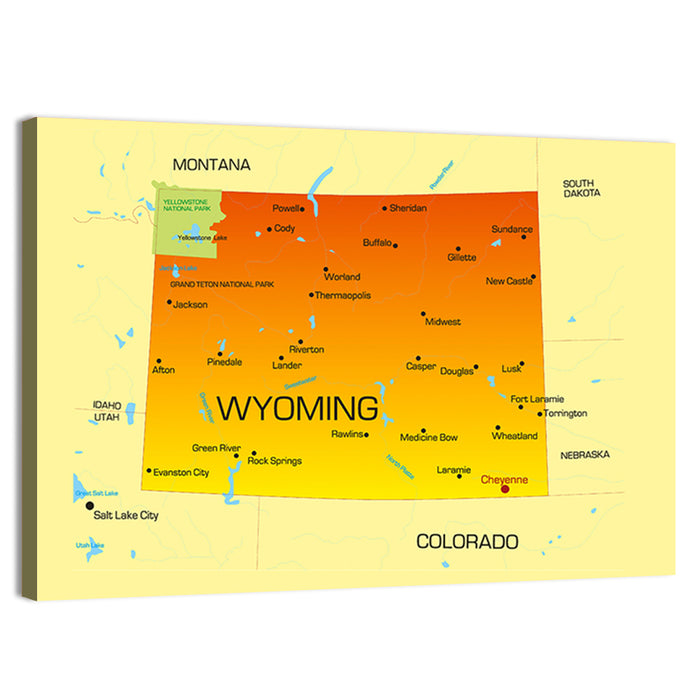 Wyoming State Map, Yellow Accent Wall Art as a canvas print