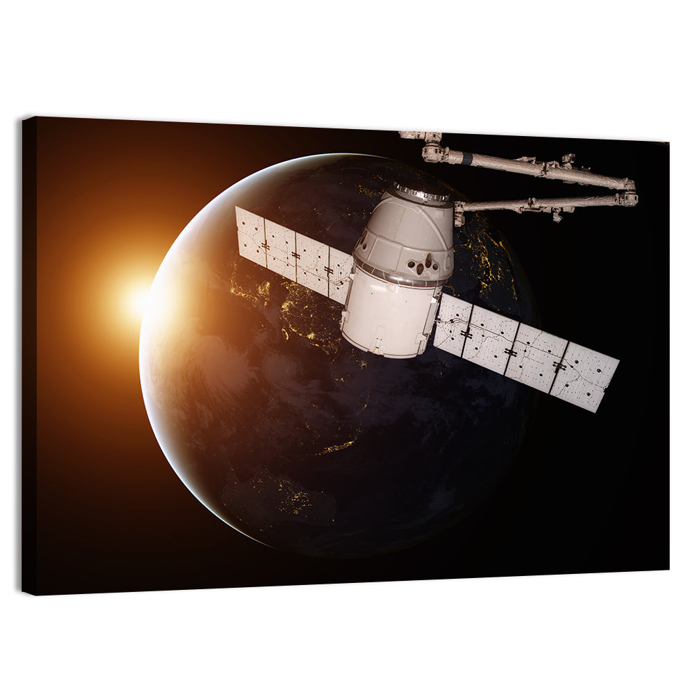 Satellite Over Earth at Sunrise Wall Art, canvas print, landscape
