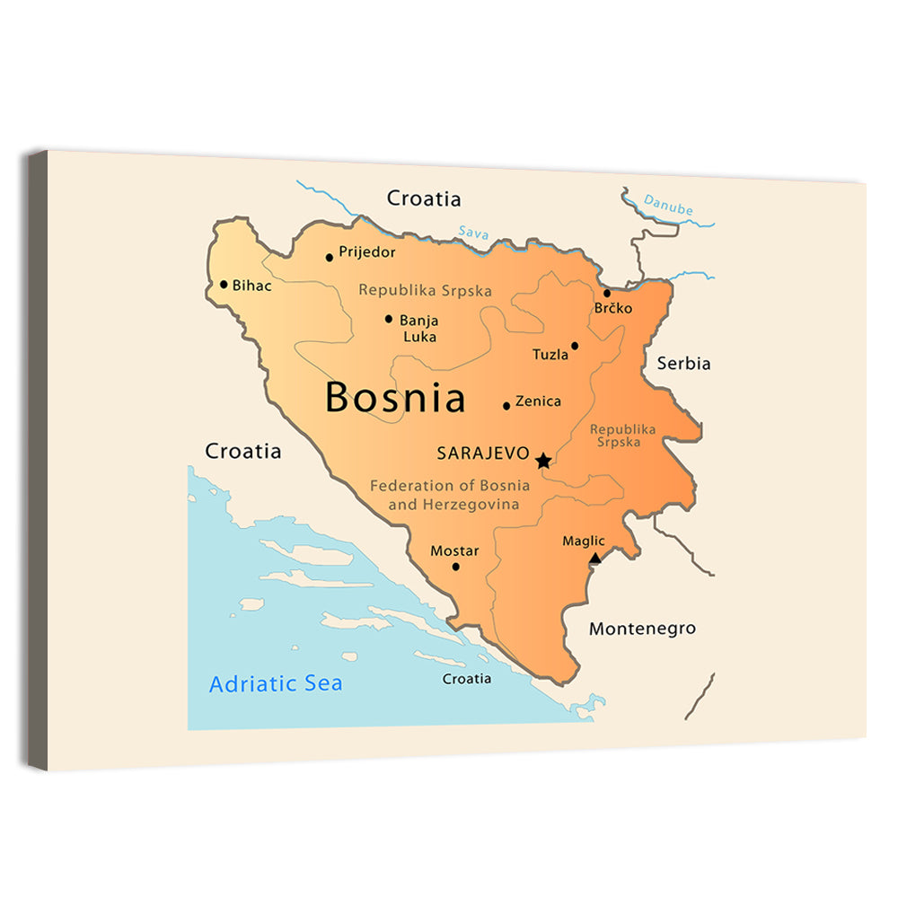 Bosnia and Herzegovina Map Wall Art, canvas print, landscape
