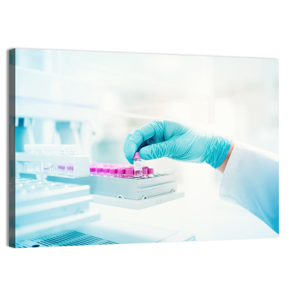 Gloved Hand Placing Vial in Laboratory Wall Art, canvas print, landscape
