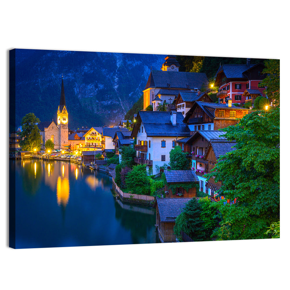 Hallstatt Lakeside at Dusk Wall Art, canvas print, landscape