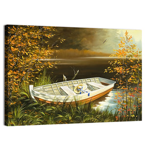 Wooden Boat On Bank Of Lake Wall Art