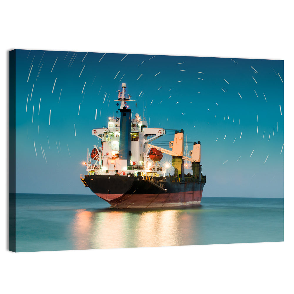 Cargo Ship Under Star Trail Sky Wall Art, canvas print, landscape