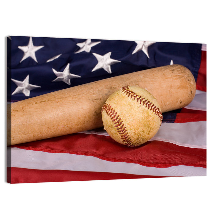Baseball and Bat on American Flag Wall Art as a canvas print
