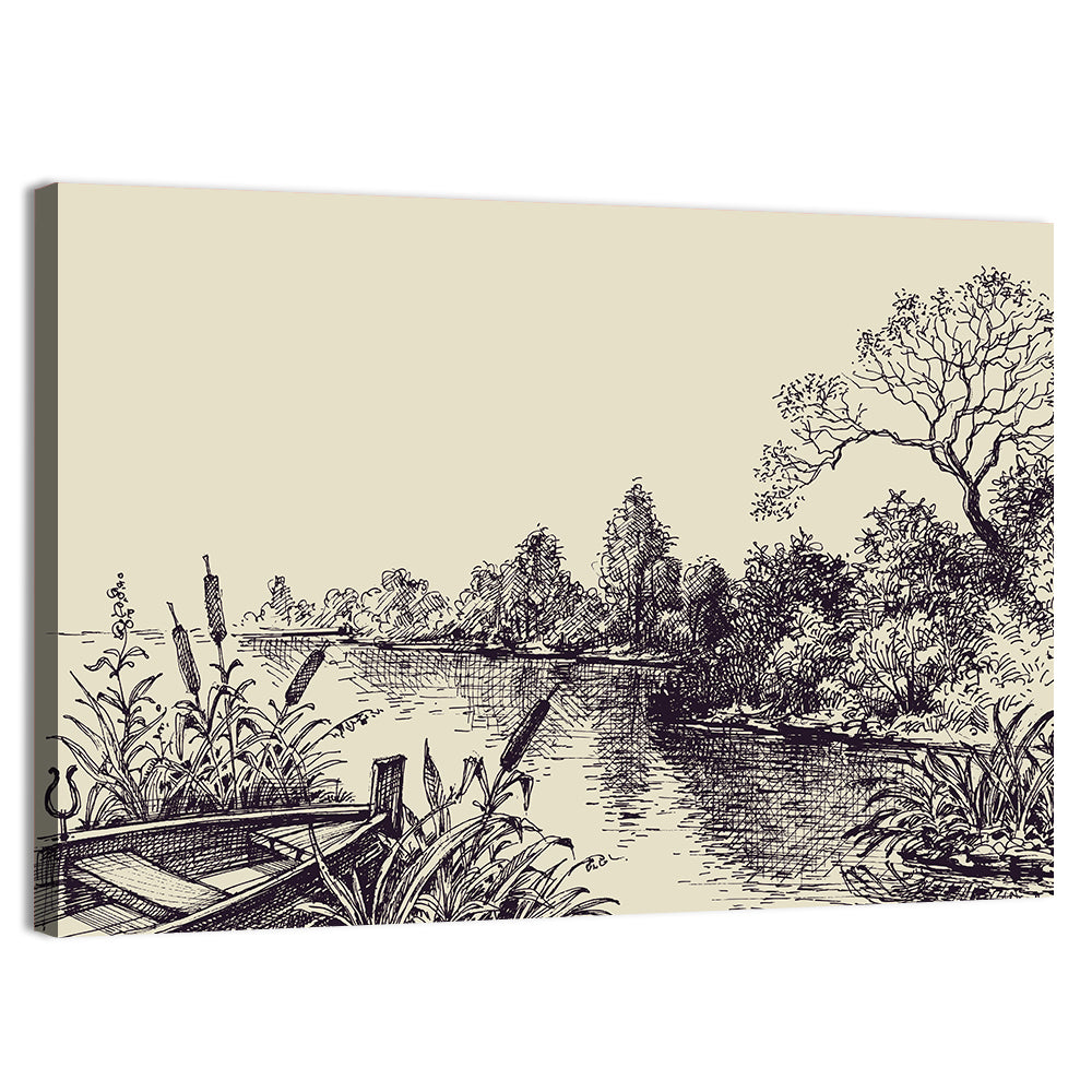 Ink Sketch Rowboat on Lake Wall Art