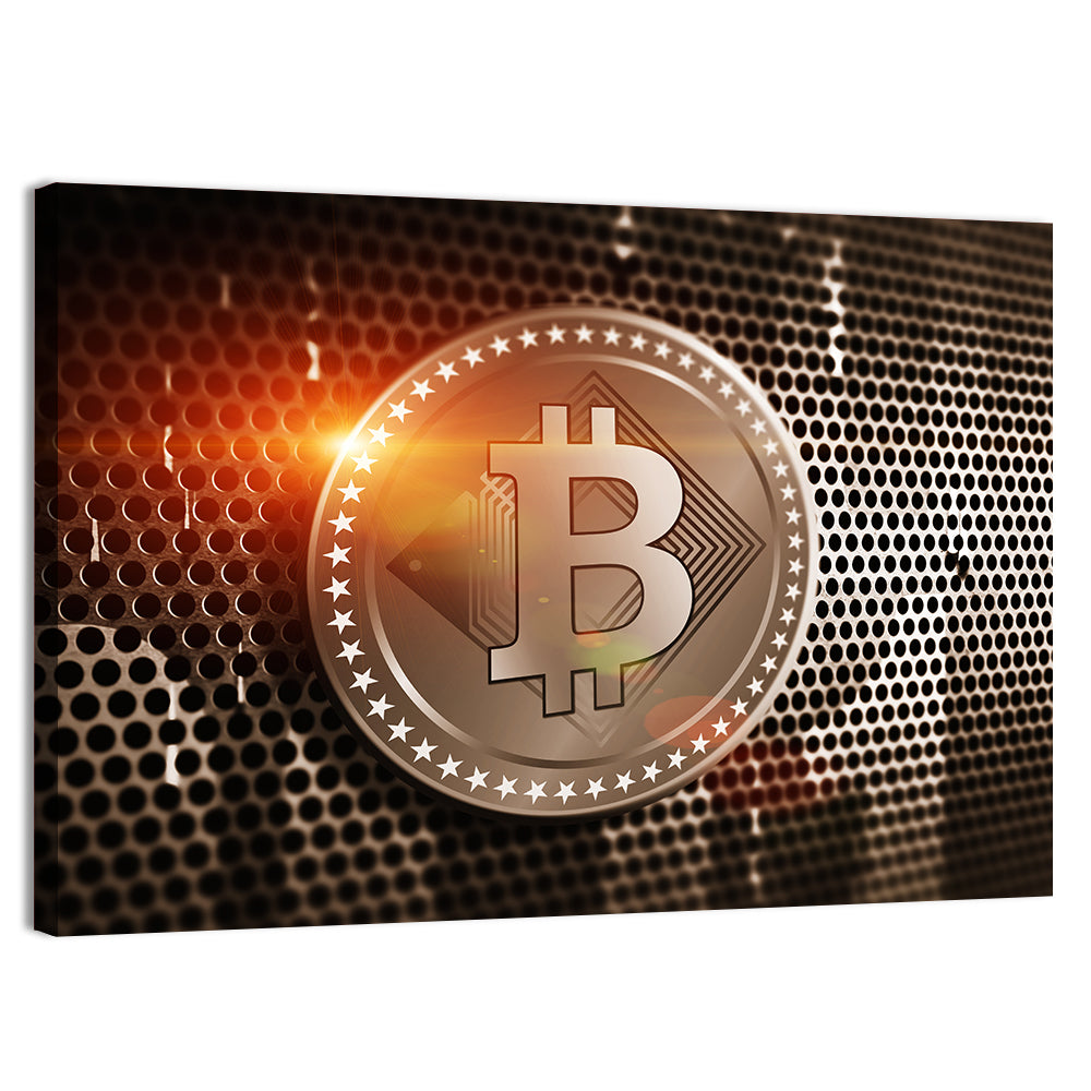 Golden Bitcoin Closeup Wall Art, canvas print, landscape