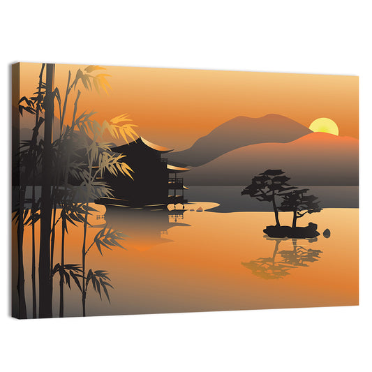 Sunset Over Asian Lake Illustration Wall Art