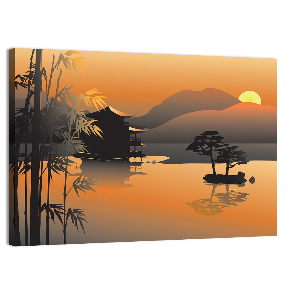 Illustrated Asian Lake With Sunset Wall Art