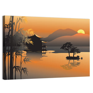 Illustrated Asian Lake With Sunset Wall Art