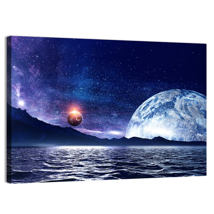 Hidden Moon Over Alien Sea Wall Art as a canvas print