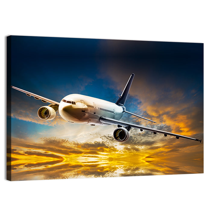 Jet Over Golden Cloudscape Wall Art as a canvas print