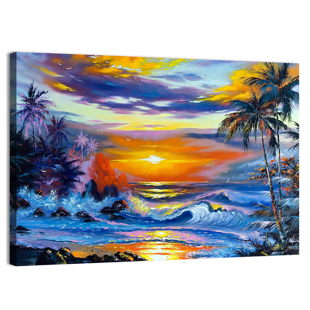 Evening Coastal Sunset with Palm Silhouettes Wall Art