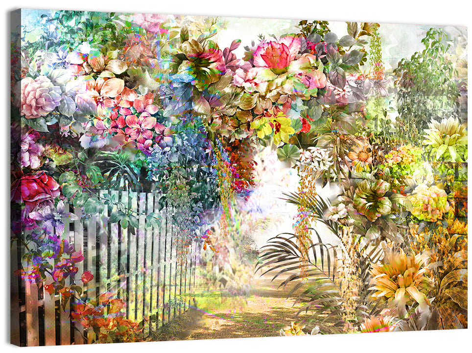 Spring Garden with White Picket Fence Wall Art, canvas print, landscape