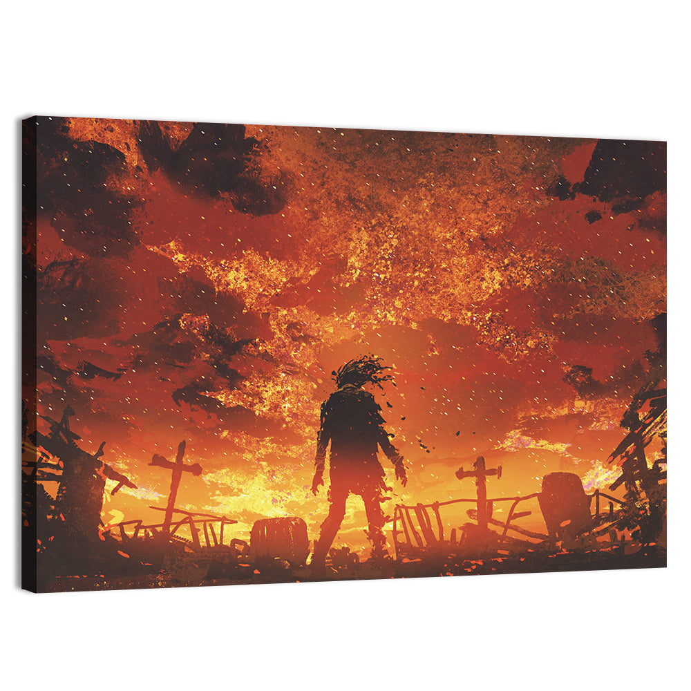 Zombie Walking Through Burnt Cemetery Wall Art