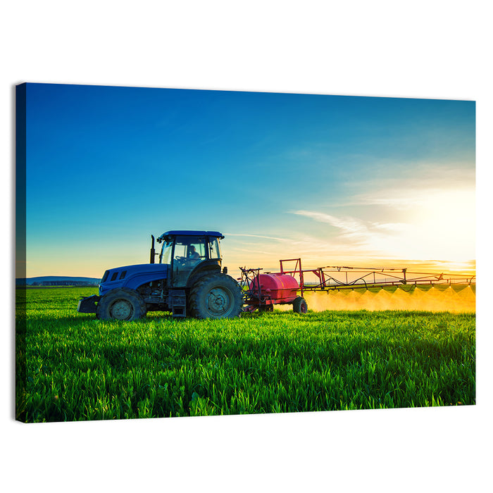 Tractor Spraying Crops at Golden Hour Wall Art as a canvas print