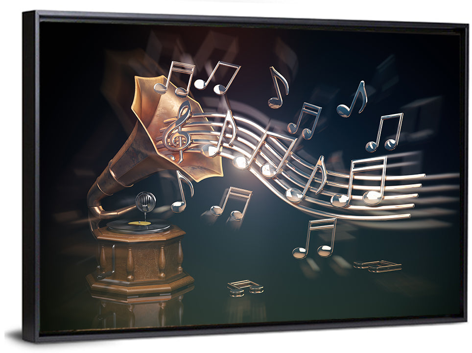 Gramophone with Flowing Musical Staff Wall Art