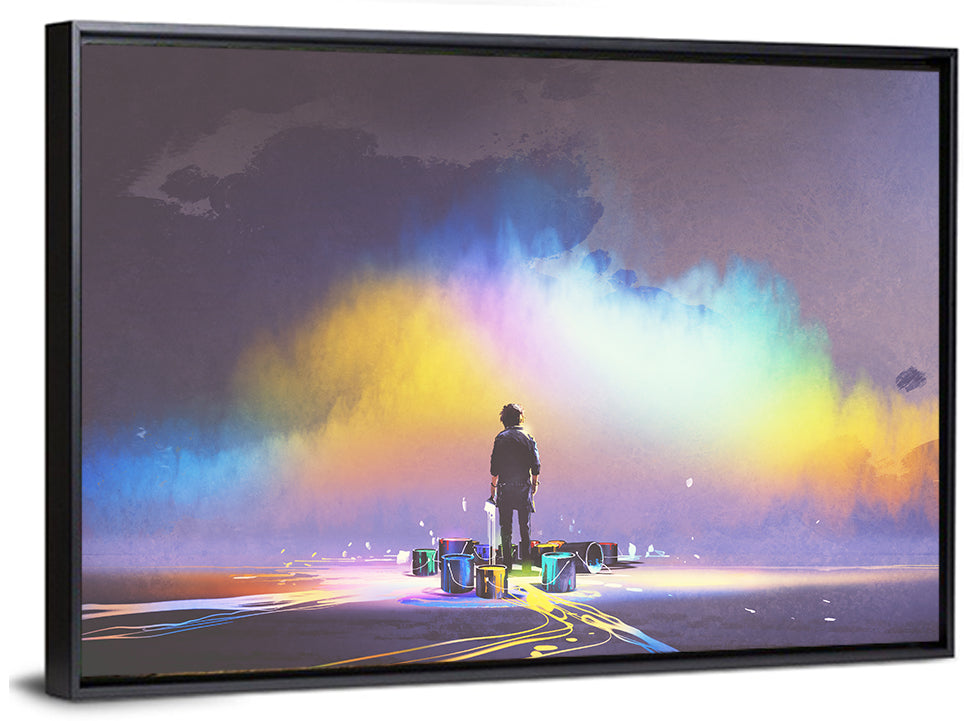 Silhouette with Paint Buckets and Rainbow Light Wall Art