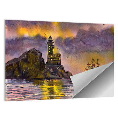 Lighthouse and Sailing Ship at Dusk Wall Art