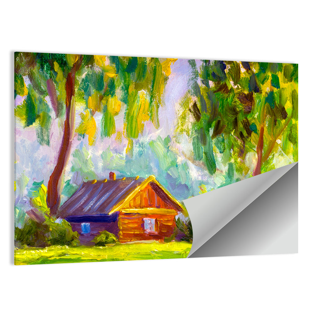 Impressionist Log Cabin in Green Forest Wall Art
