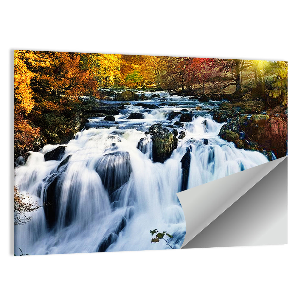 Mossy Autumn Forest Waterfall Wall Art