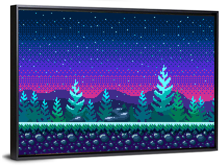 Starlit Pixel Forest Wall Art as a framed canvas