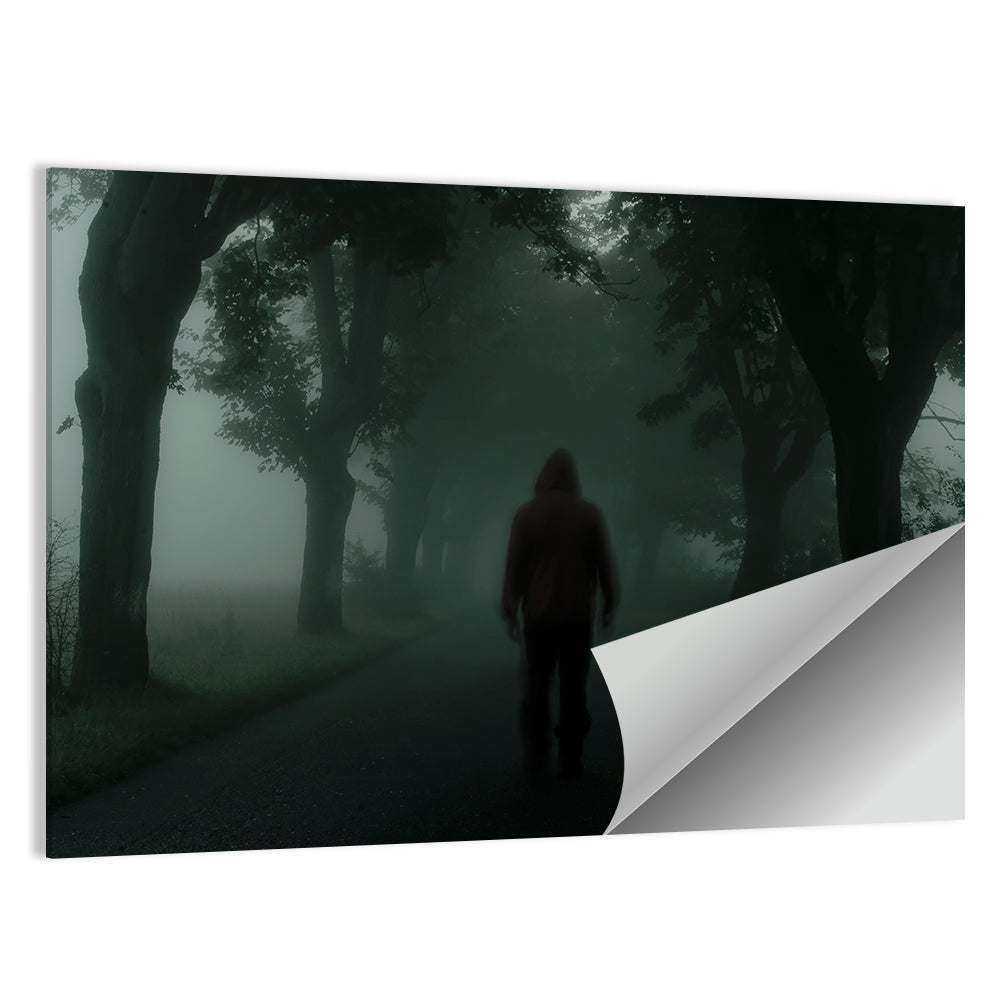 Hooded Silhouette on Foggy Forest Road Wall Art
