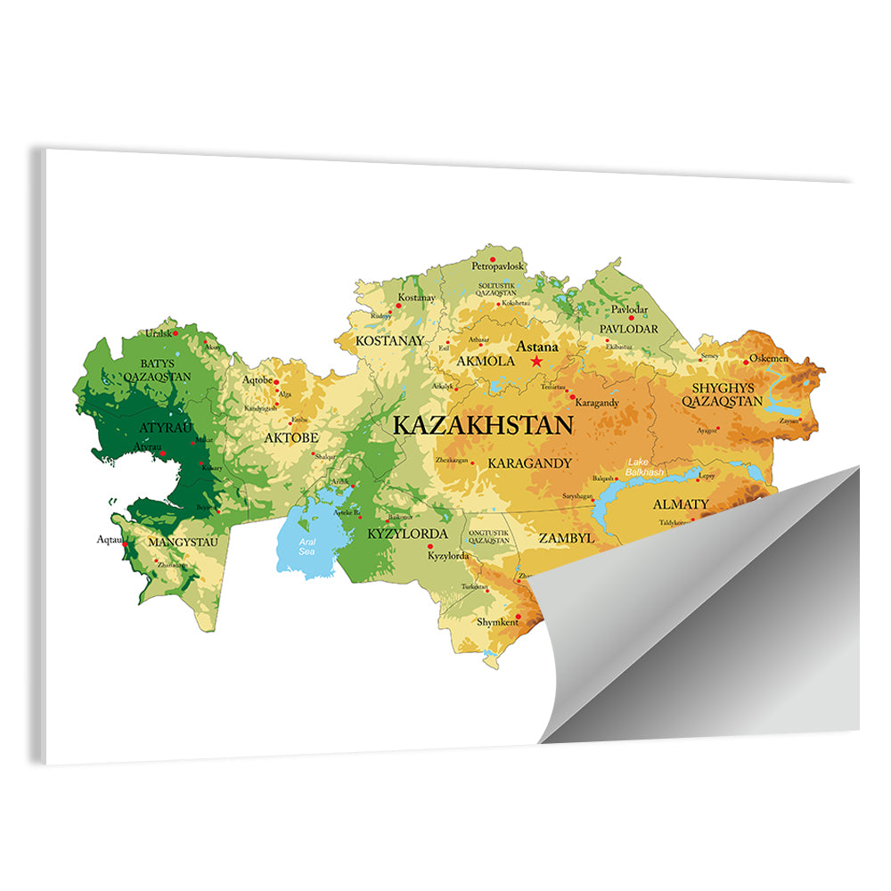 Kazakhstan Relief Map, Color-coded Terrain Wall Art
