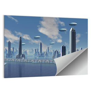 UFO Over Futuristic Alien City Wall Art