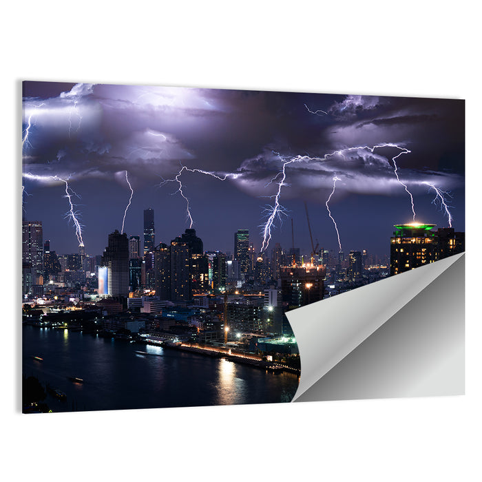 Night Lightning Over River Skyline Wall Art as a poster print