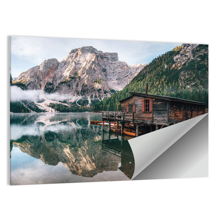 Lago Di Braies Boat House Wall Art as a poster print