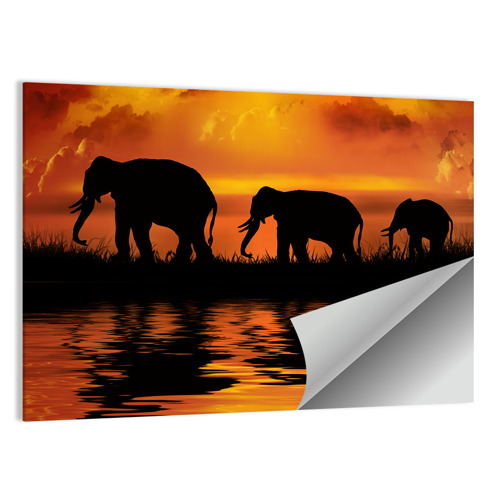 Elephants at Sunset Wall Art