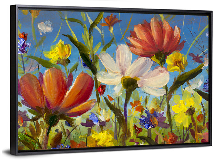 Sunlit Wildflower Meadow Wall Art as a framed canvas