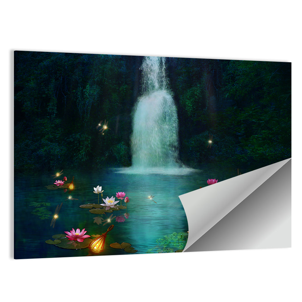 Moonlit Lotus Pond and Waterfall Wall Art