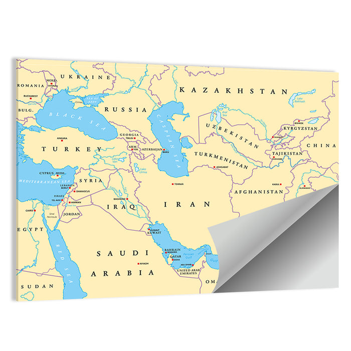 Southwest Asia Political Map, Cartographic Wall Art as a poster print