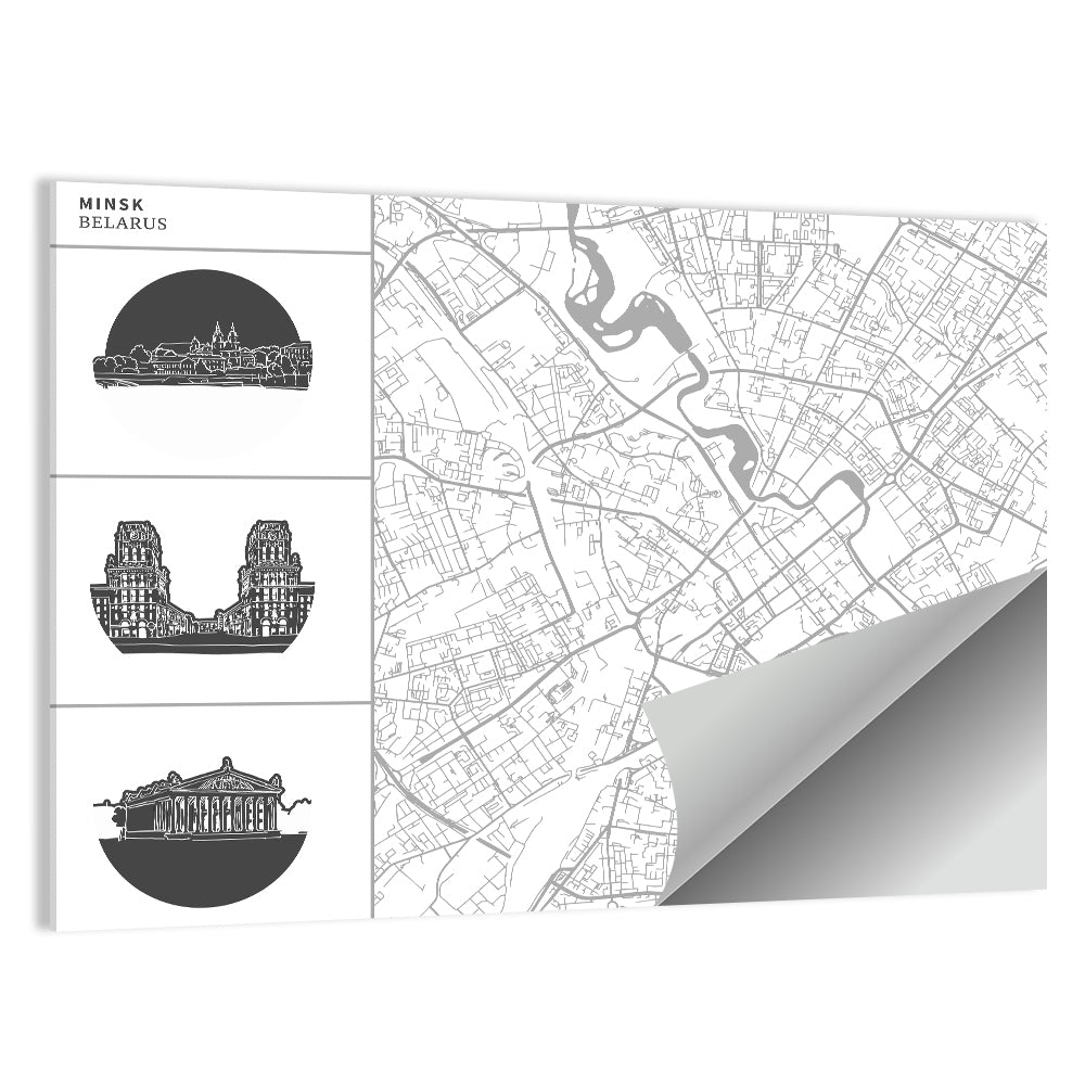 Minsk Map with Architectural Vignettes Wall Art