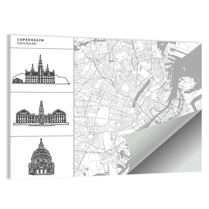 Copenhagen Map with Architectural Silhouettes Wall Art as a poster print