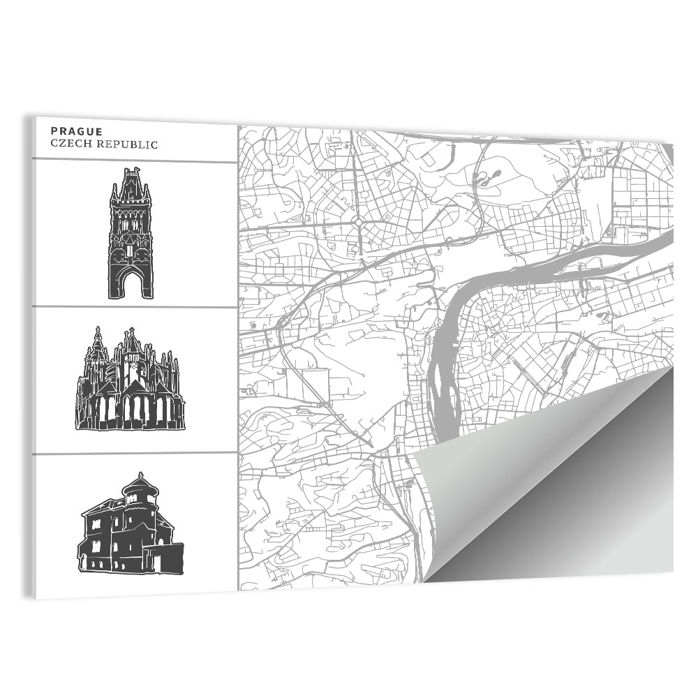 Prague City Map with Architectural Silhouettes Wall Art