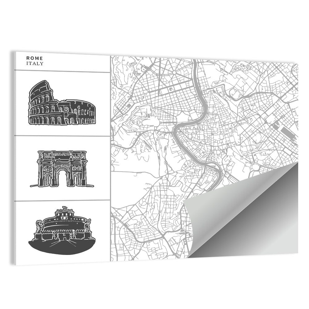 Rome Map with Landmark Sketches Wall Art