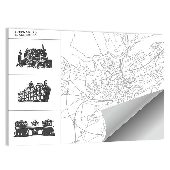 Luxembourg City Map with Landmark Sketches Wall Art as a poster print
