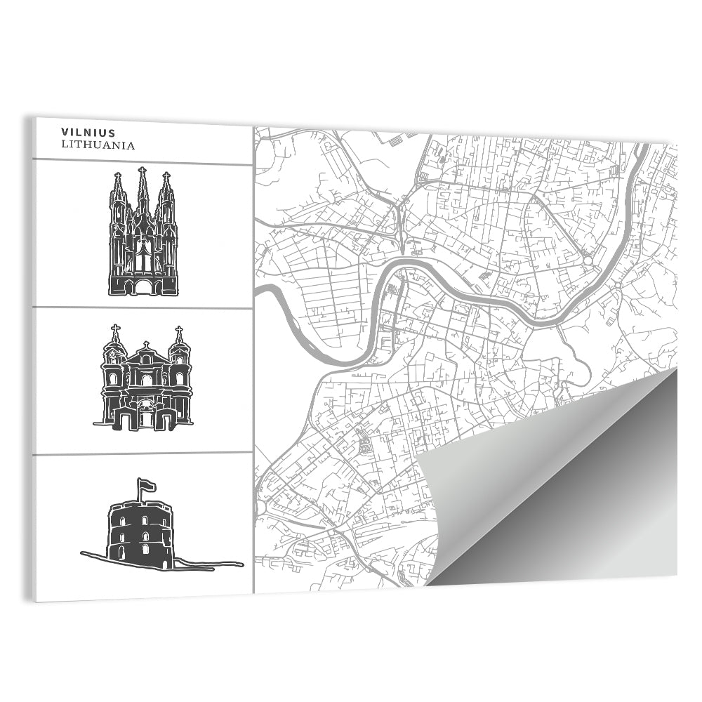 Vilnius Map with Architectural Sketches Wall Art
