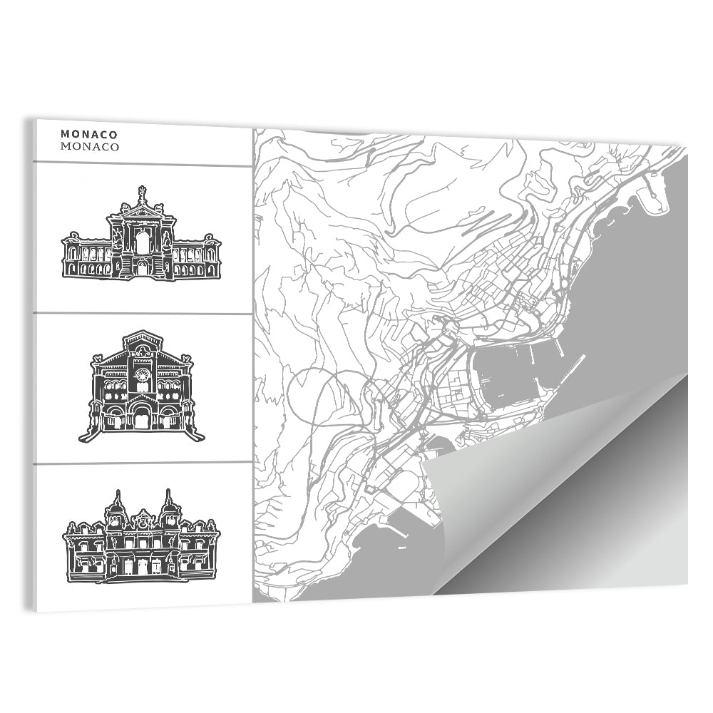 Monaco Map with Architectural Icons Wall Art