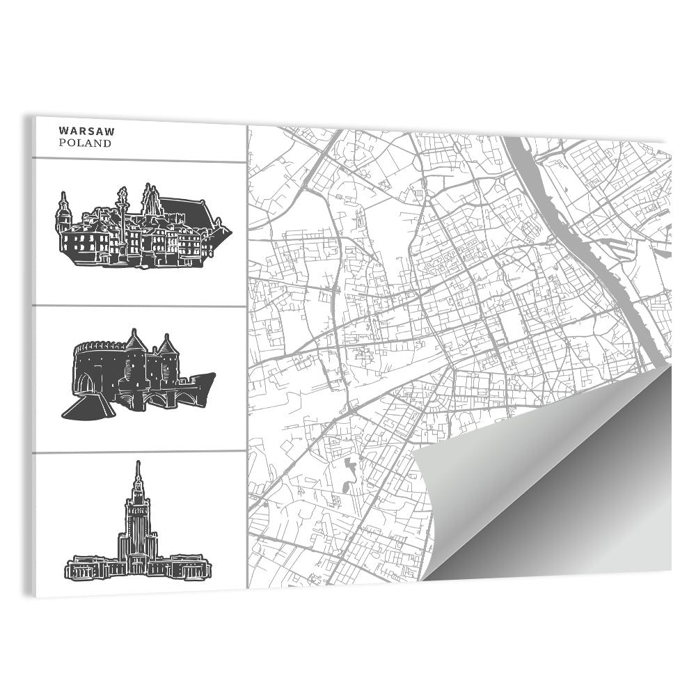 Warsaw Map with Skyline Silhouettes Wall Art