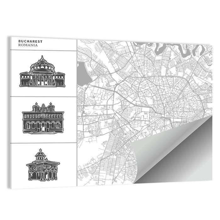 Bucharest City Map with Architectural Sidebar Wall Art as a poster print