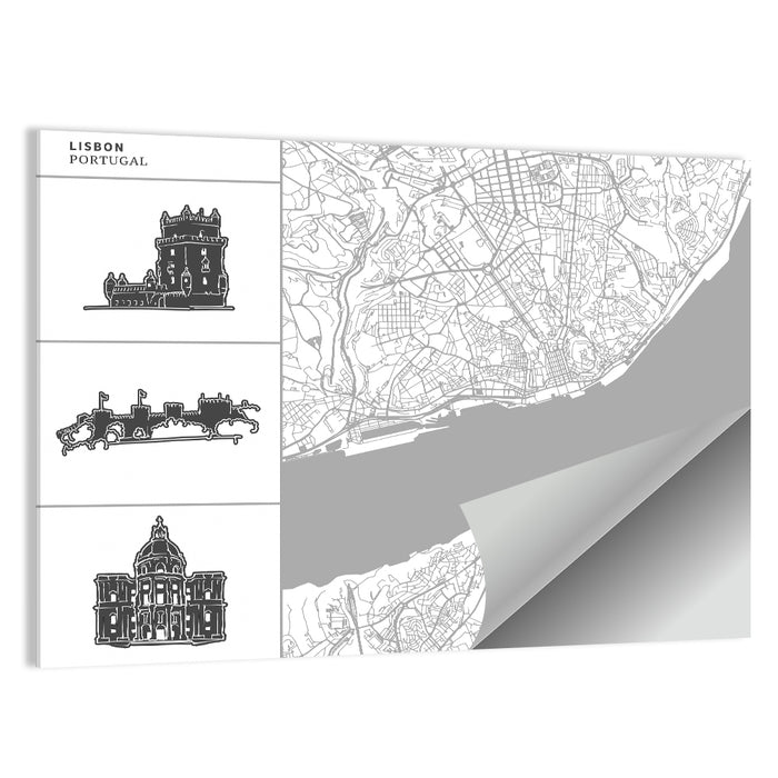 Lisbon Map with Architectural Icons Wall Art as a poster print