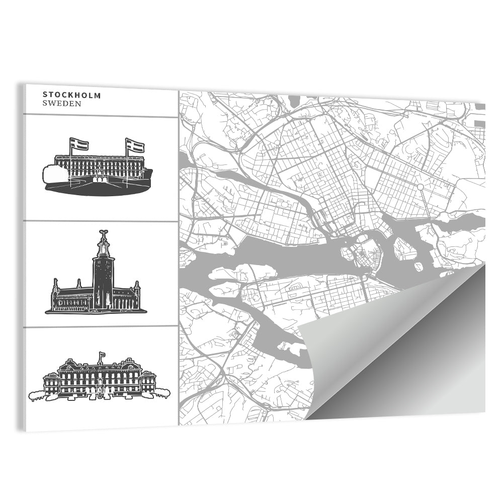 Stockholm Map with Architectural Illustrations Wall Art