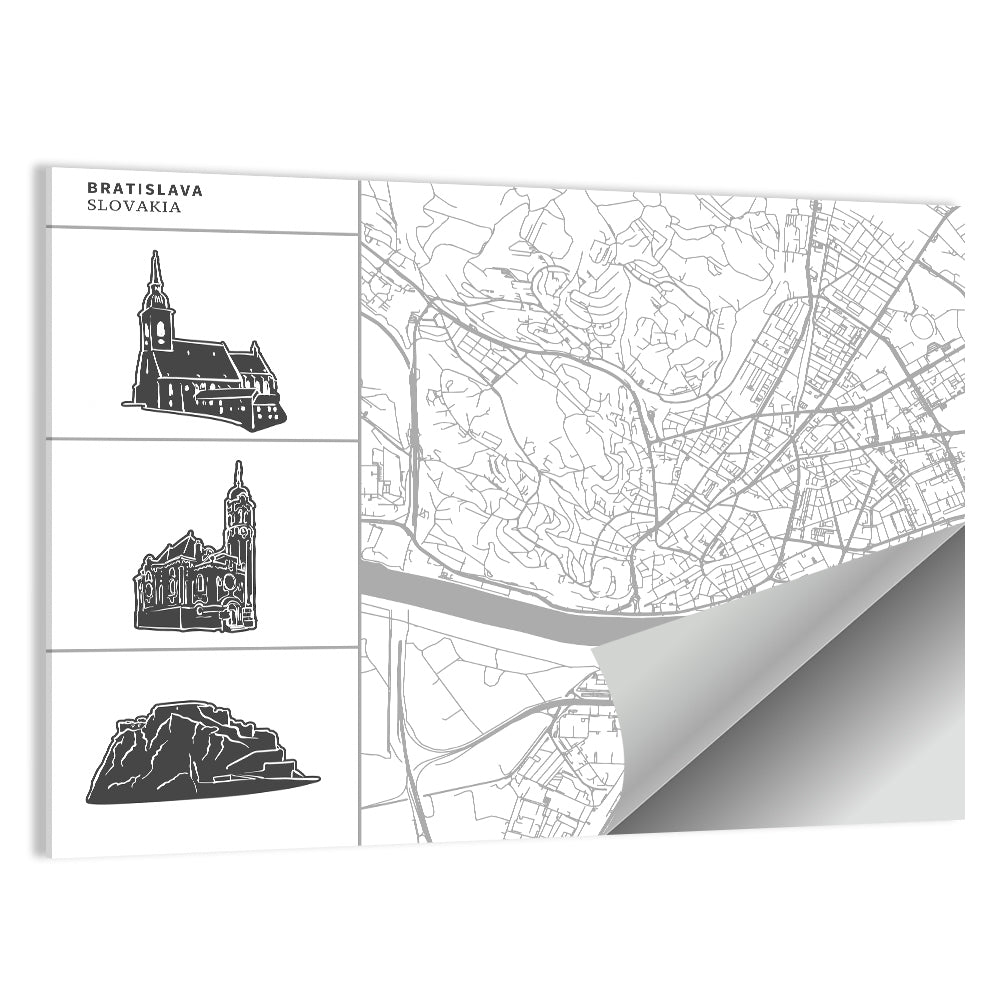 Bratislava Map with Castle and Cathedral Silhouettes Wall Art