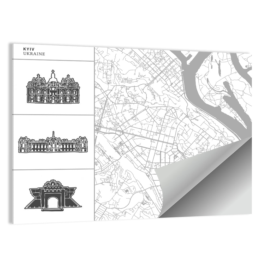 Kyiv Map with Cathedral Silhouettes Wall Art